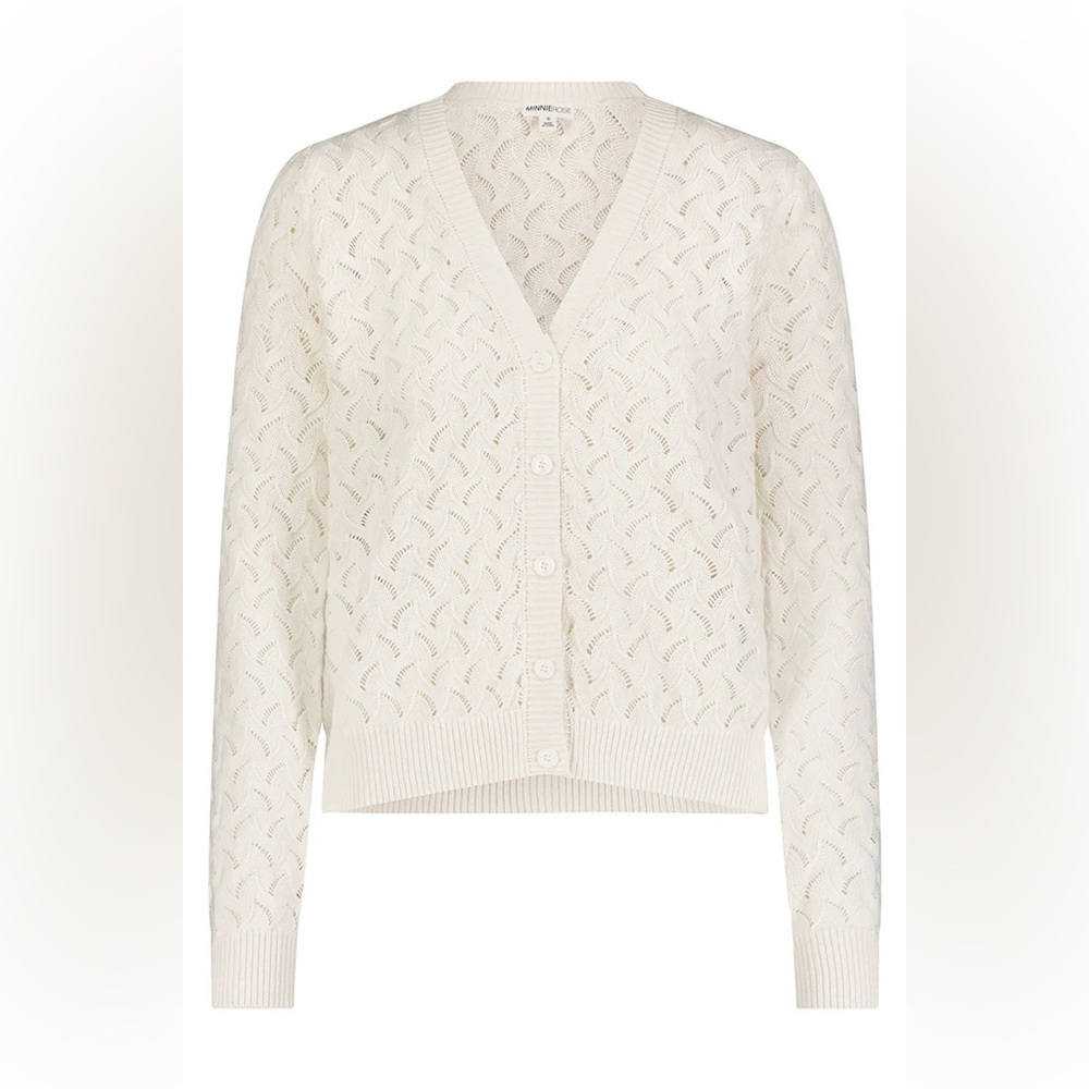 Minnie Rose Cotton Cashmere Pointelle Cardigan (White) Small